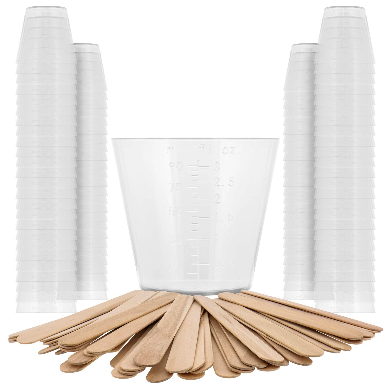 3 Oz (90 ml) Liquid Measuring Cups - Plastic Graduated Cup (100 Pack) with 25 Sticks - Reusable Mixing Cups for Paint, Craft, Kitchen, Lab, Medical Supplies, Epoxy Resin, Art